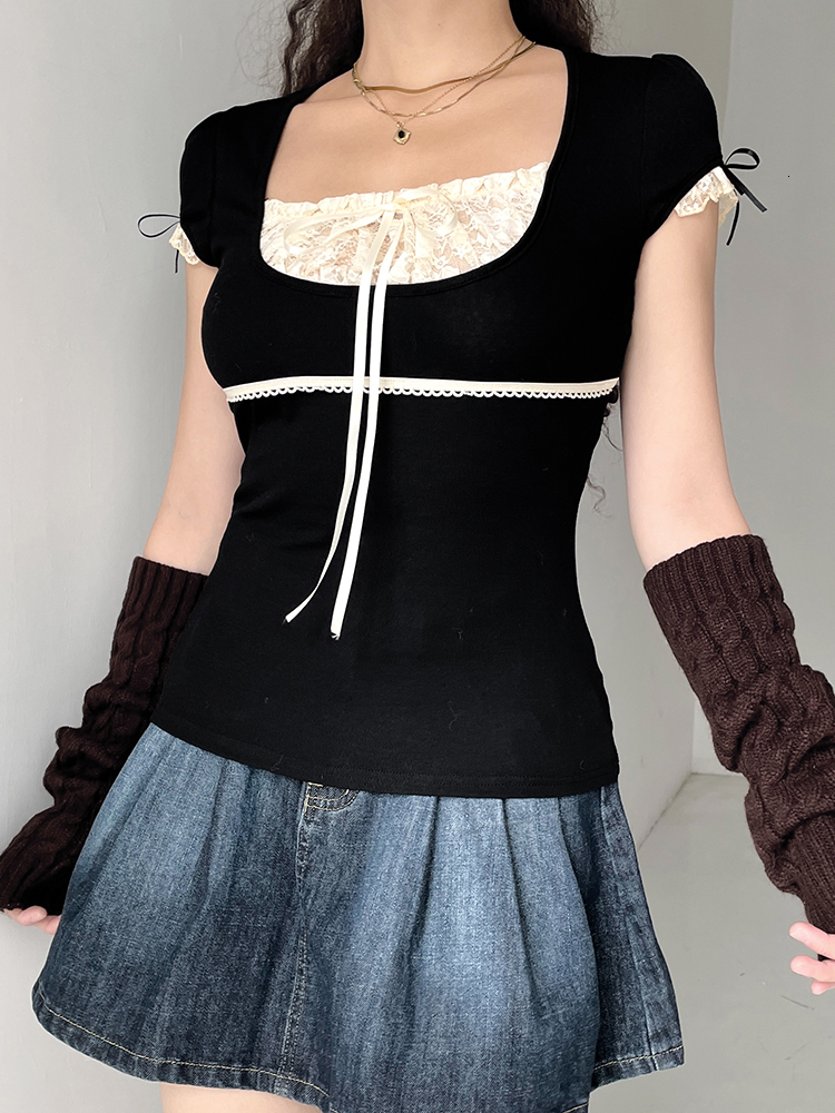 Women's TShirt Rapcopter y2k Lace Trim Crop Top Bow Cute Sweet Tee Short Sleeve Harajuku Casual T Shirt Women Prepply Retro Korean Summer 230130