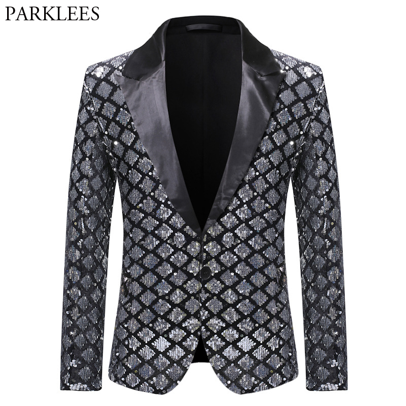 Men's Suits Blazers Silver Sequin Plaid Blazer Jacket Men Fashion Slim FIt One Button Dress Suit Blazer Male Party Wedding Stage Costume Homme 23