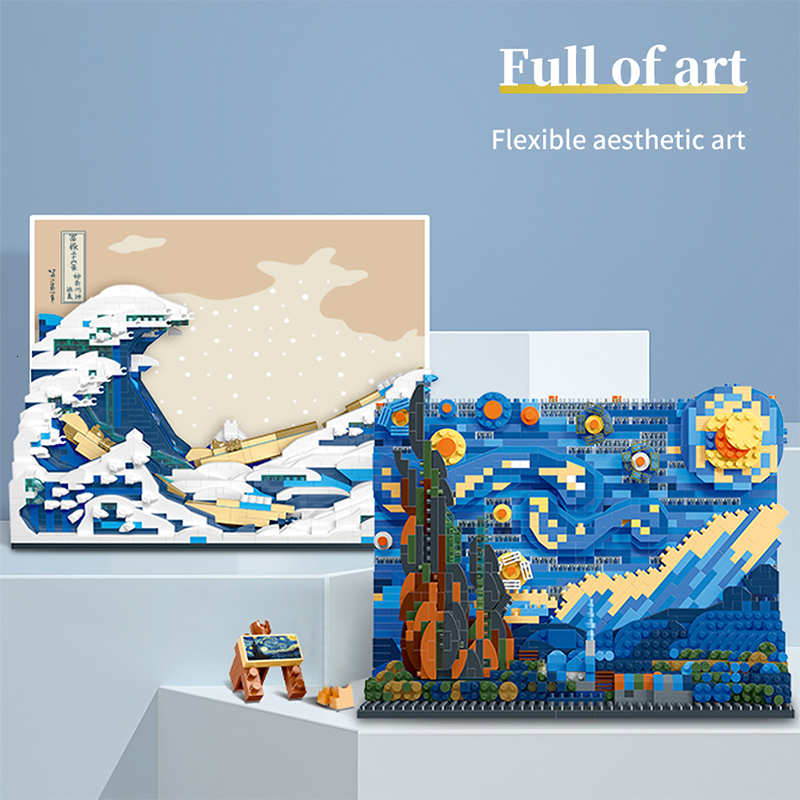 Free shipping The Starry Night 3D Microbrick MOC Art Painting Vincent Van Gogh 21333 Building Blocks Kanagawa Model Toys Children Gifts 230130