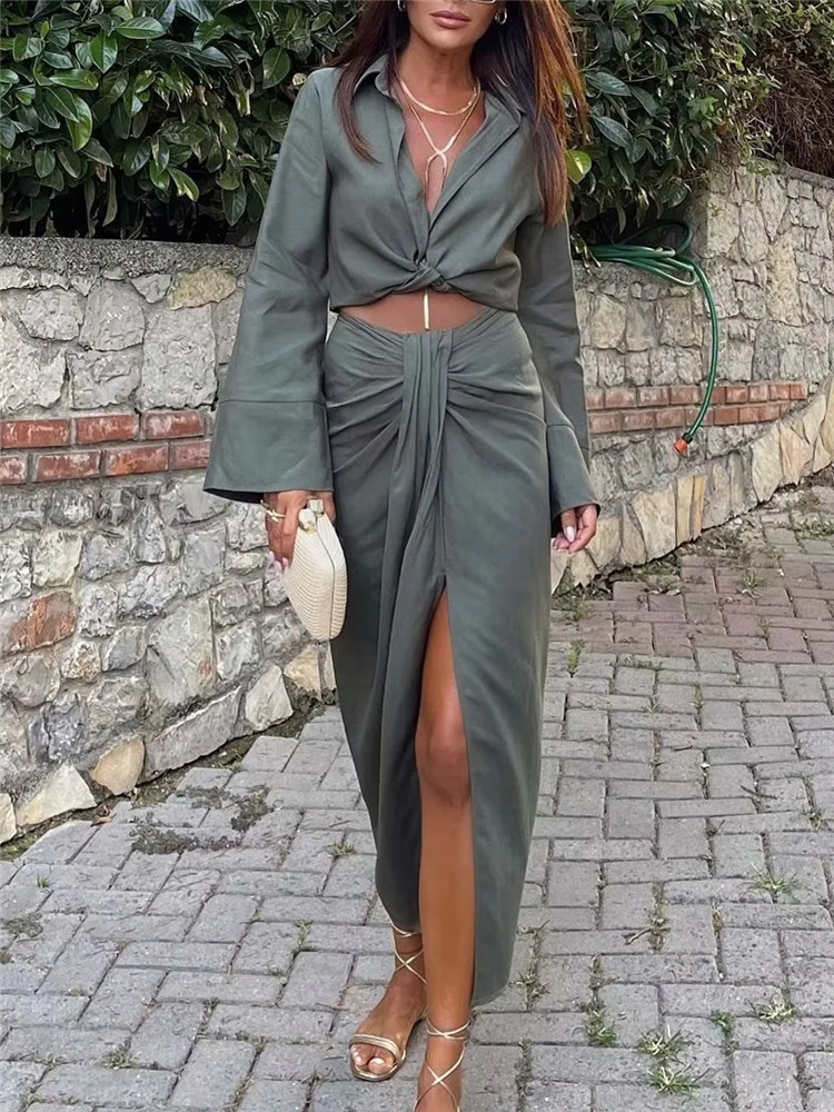 Two Piece Dress TRAF Knot Long Skirt Women High Waist Split Pencil Skirt Sets Streetwear Pleated Summer Skirts Woman Elegant Midi Skirts 230130