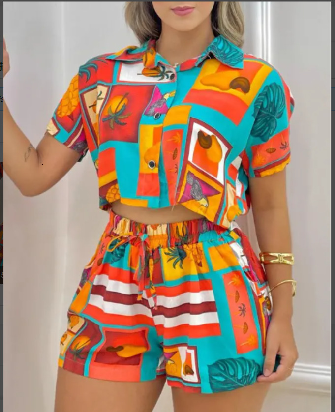 Women's Two Piece Pants Summer Women All Over Print Short Sleeve Top Drawstring Shorts Set Fashion Suit Female Casual Office Clothing 230131