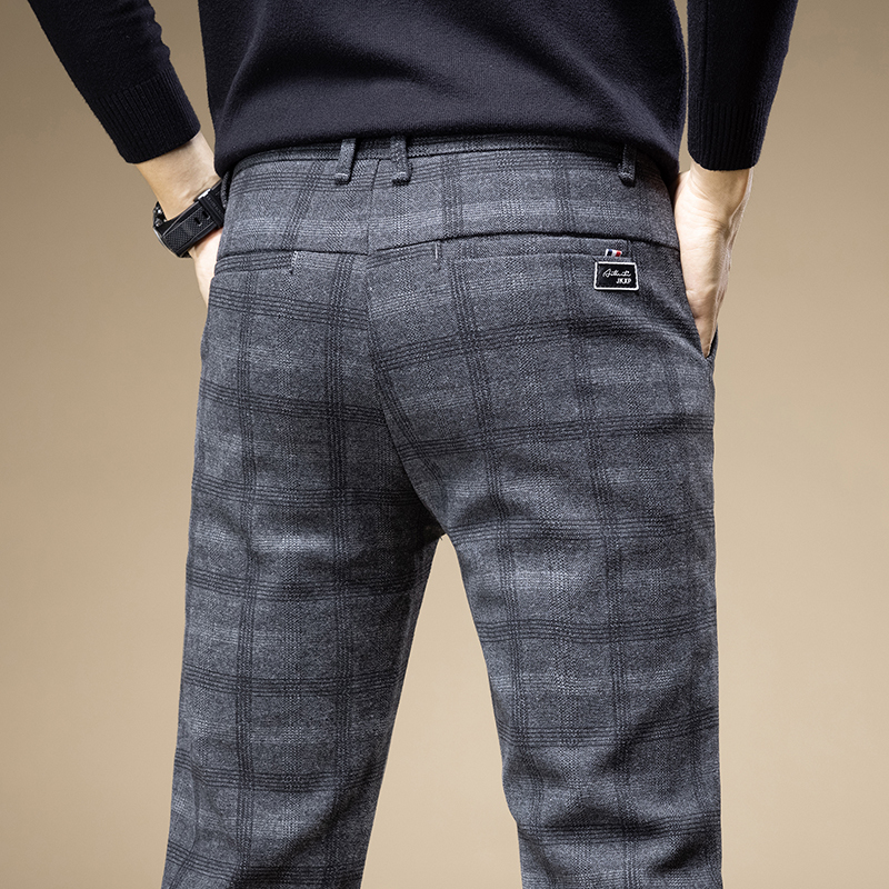 Men's Pants in Autumn Winter Classic Plaid Work Stretch Pants Men Business Straight Fit Grey Black Blue Korea Thick Casual Trousers Male 230131