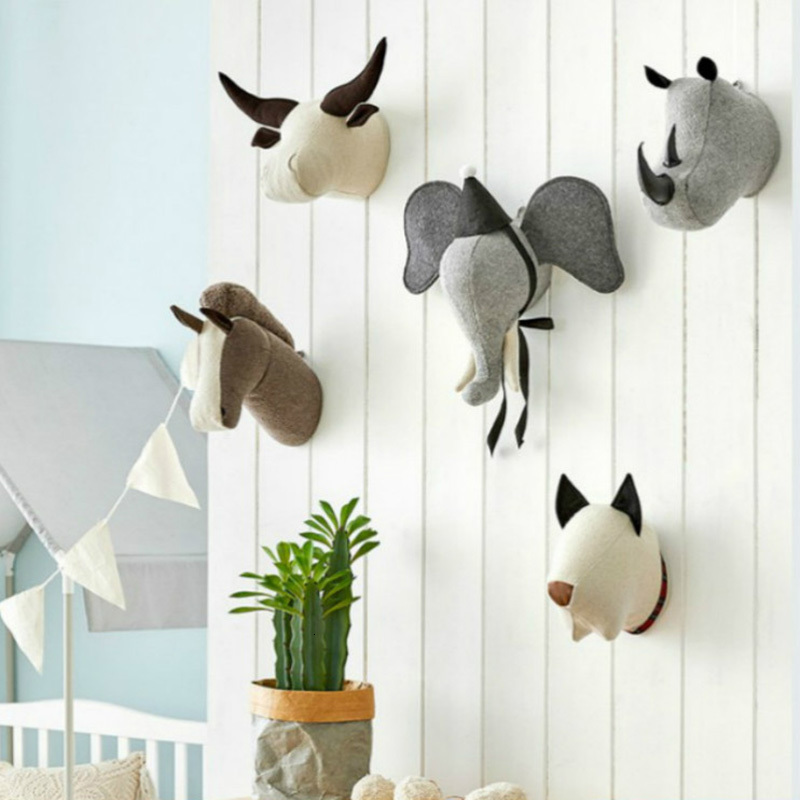 Wall Decor 3D Animal Wall Hanging Decorative Felt Heads Mount Decoration Stuffed Elephant Horse Toys Boys for Kids Room Home Decor 230131