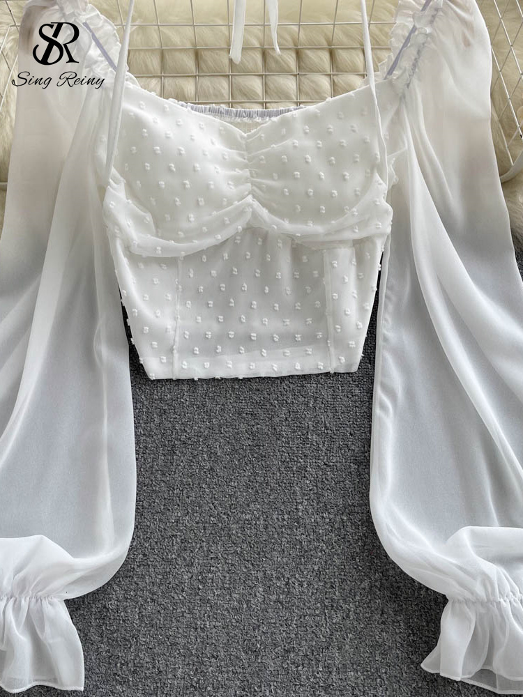 Women's Blouses Shirts SINGREINY Polka Dot Folds Short Blouse Summer Slash Neck Long Sleeve Women Tie Halter Elastic Waist Fashion French Beach T