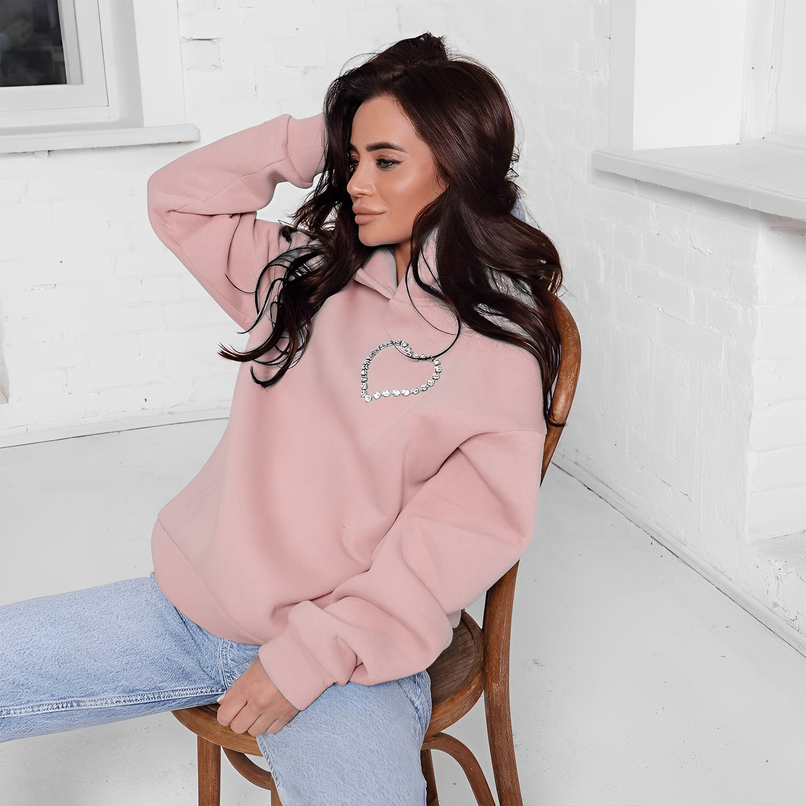 Women's Jackets Hoodies Women Fashion Diamonds Splicing Sweet Love Cutout Open Back Long Sleeve Thick Warm Oversized Pullover Hooded Sweatshirt 2