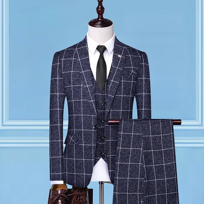 Men's Suits Blazers British Style Men Plaid Vest Blazer Pants 3 Pieces Set Male Fashion High End Slim Wedding Banquet Business Suit Jacket Coat 2