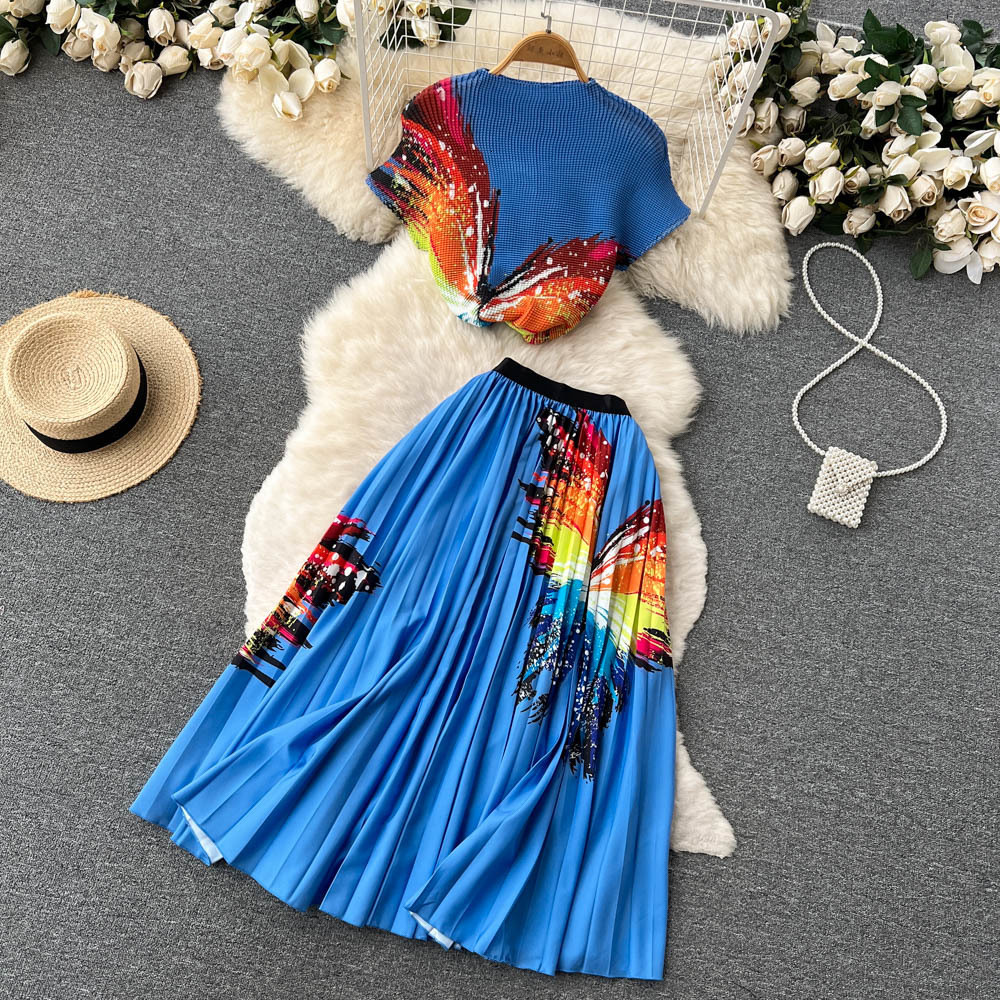 Two Piece Dress Summer Runway Flower Skirt Suit Women's Stretch Colorblock Knit Top High Waist Floral Printed Skirt Holiday Two Piece Set 230130