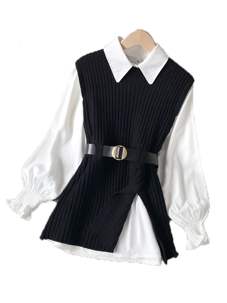 Women's Two Piece Pants Spring Autumn Lantern Sleeve Shirt Knitted Vest Sets of College Style Waistband Top UK900 230131