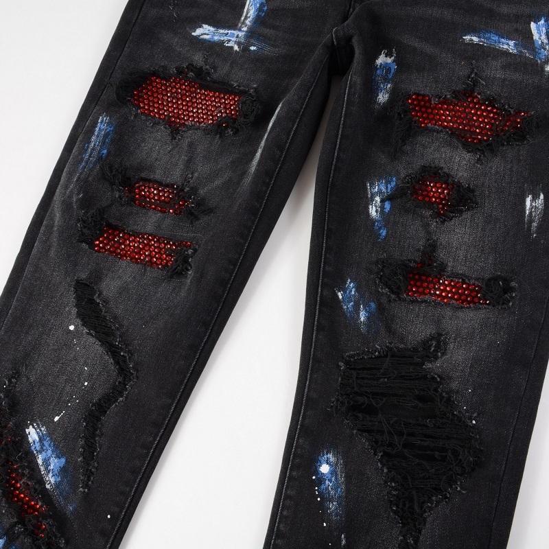 Men's Jeans Arrival Black Distressed Streetwear Damage Holes Skinny Stretch Destroyed Ribs Patches Painted Ripped 230131