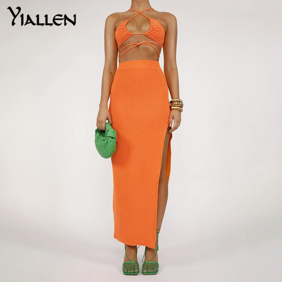 Two Piece Dress Yiallen Summer Camisole Two Piece Skirt Set Fashion Casual Party Vacation Beach Solid Rib Knit Long Skirt Set 230130