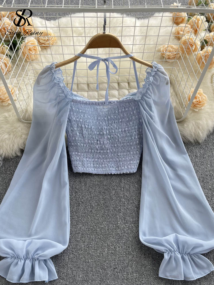 Women's Blouses Shirts SINGREINY Polka Dot Folds Short Blouse Summer Slash Neck Long Sleeve Women Tie Halter Elastic Waist Fashion French Beach T