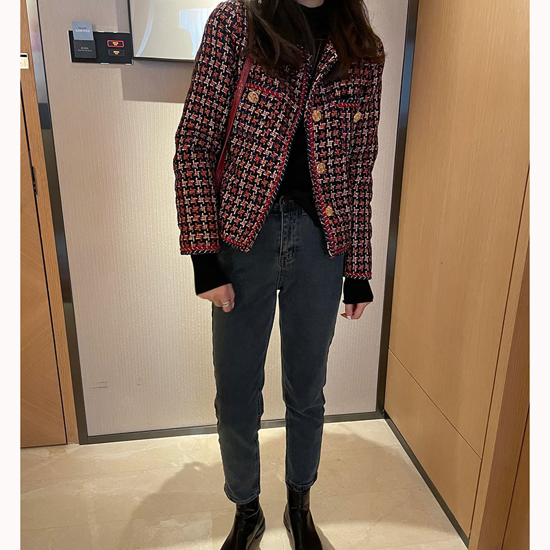 Women's Suits Blazers Elegant Weave Plaid Women Blazer Pocket Plus Velvet Winter Causal Tweed Coat Office Ladies Suit Jacket 230130
