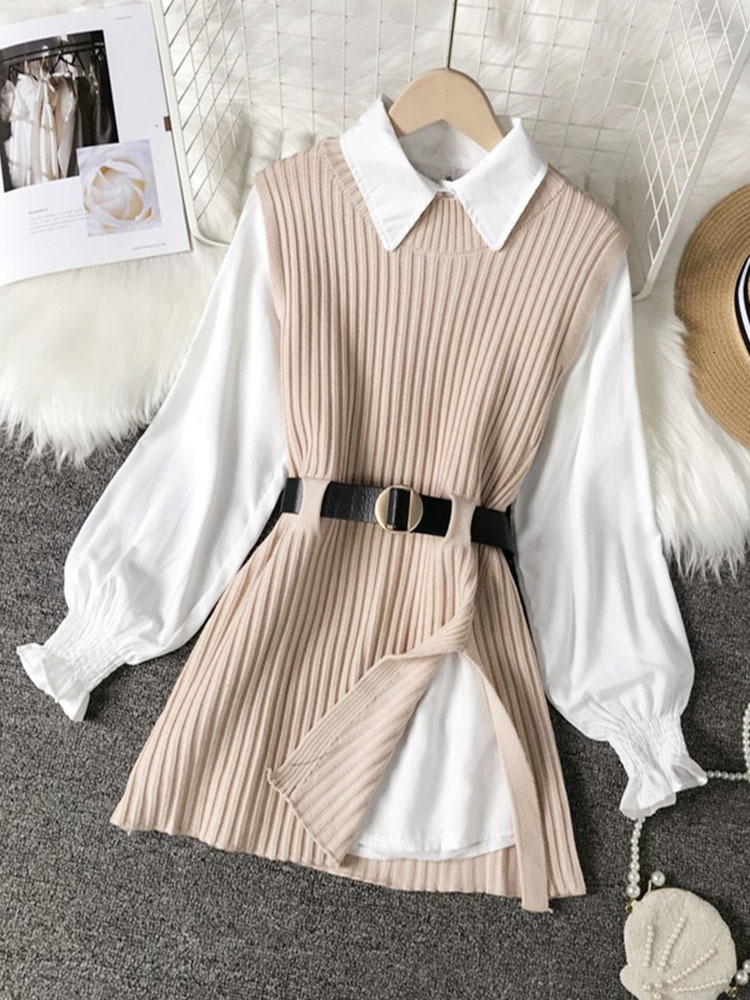 Women's Two Piece Pants Spring Autumn Lantern Sleeve Shirt Knitted Vest Sets of College Style Waistband Top UK900 230131