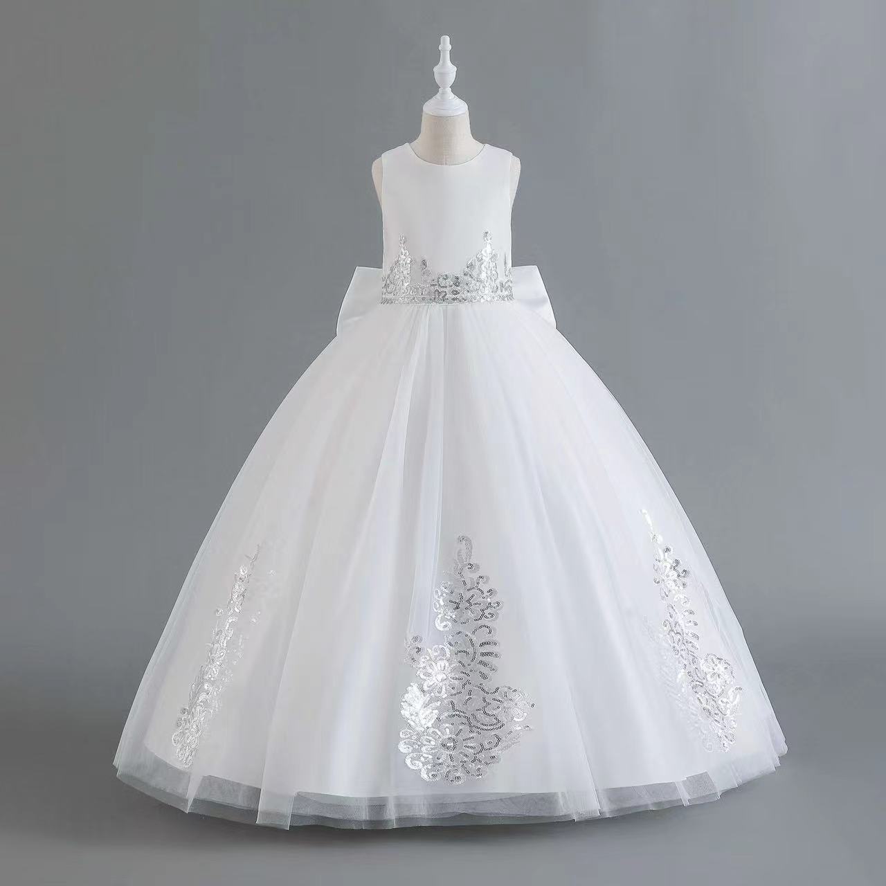 2023 Cute Flower Girl Dresses V Neck Lace Appliqued Beaded 3D Flower Girl Pageant Gowns sequined Bow Ruffle Tiered Skirt Birthday party Gowns