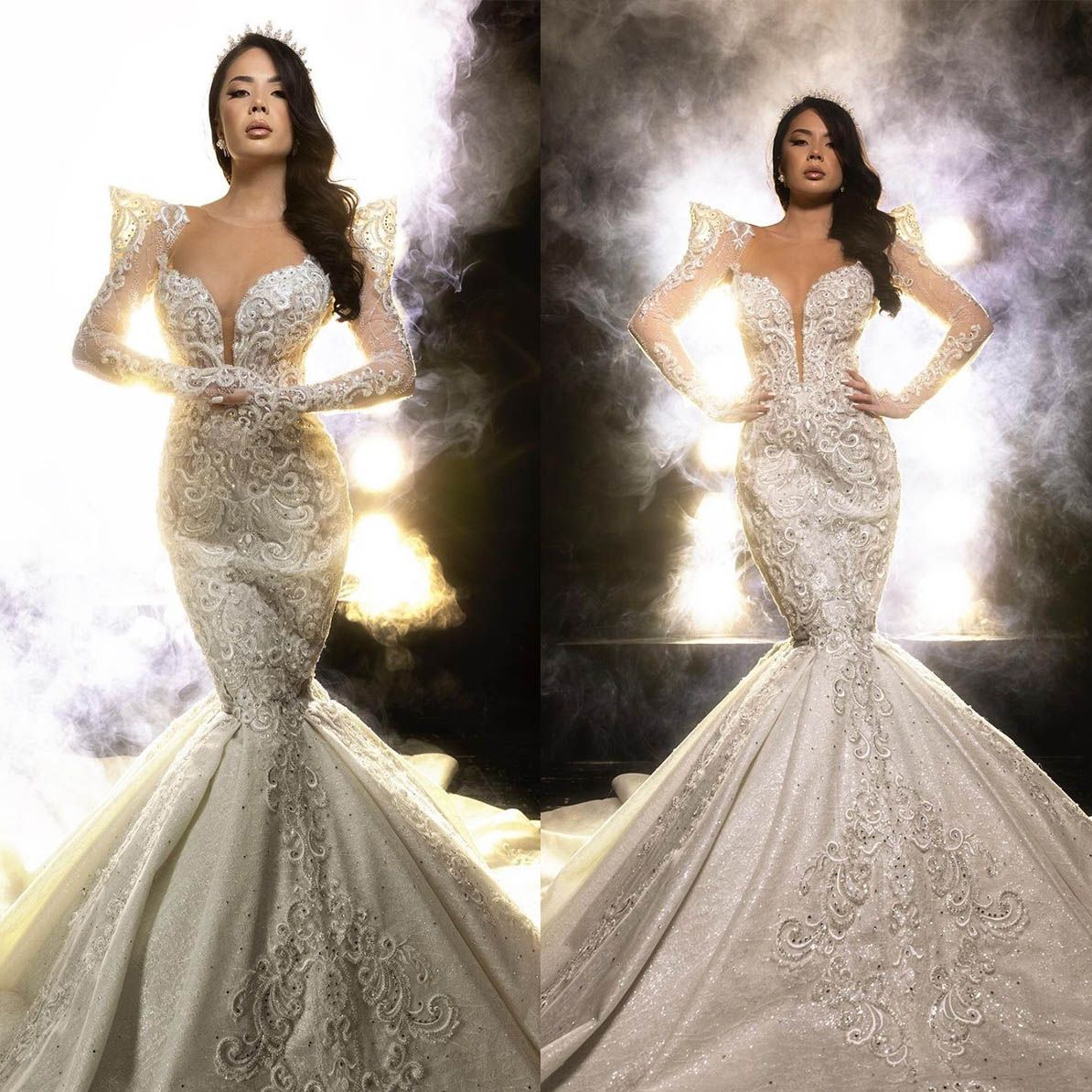 Elegant V Neck Mermaid Wedding Dresses Vintage Lace Beading Bridal Gowns Custom Made Full Sleeve Dress Vestido De Novia