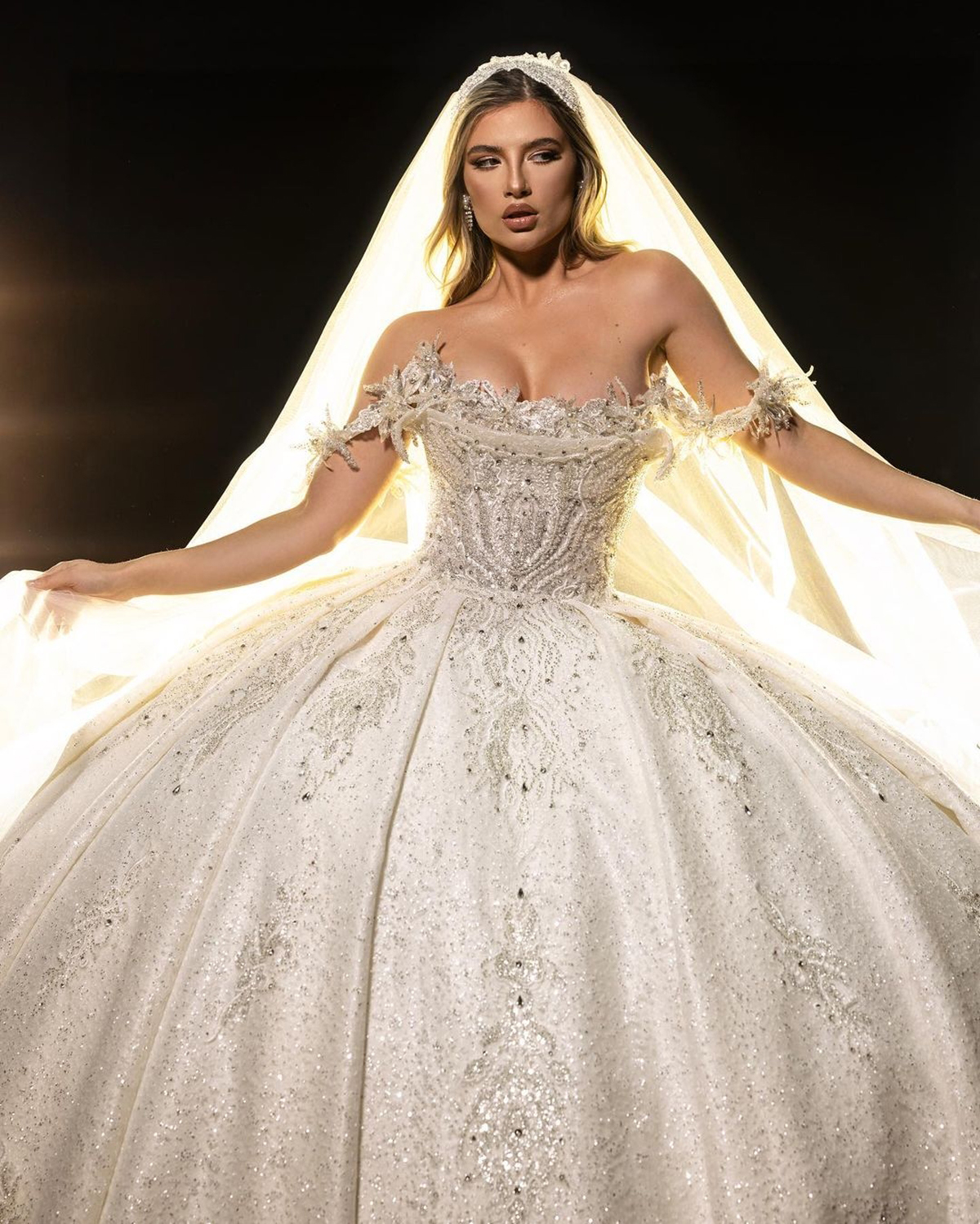 urious Beads Arabic Wedding Dresses Ball Gown Off The Shoulder Lace Bridal Dress Applique Sequins Custom Made