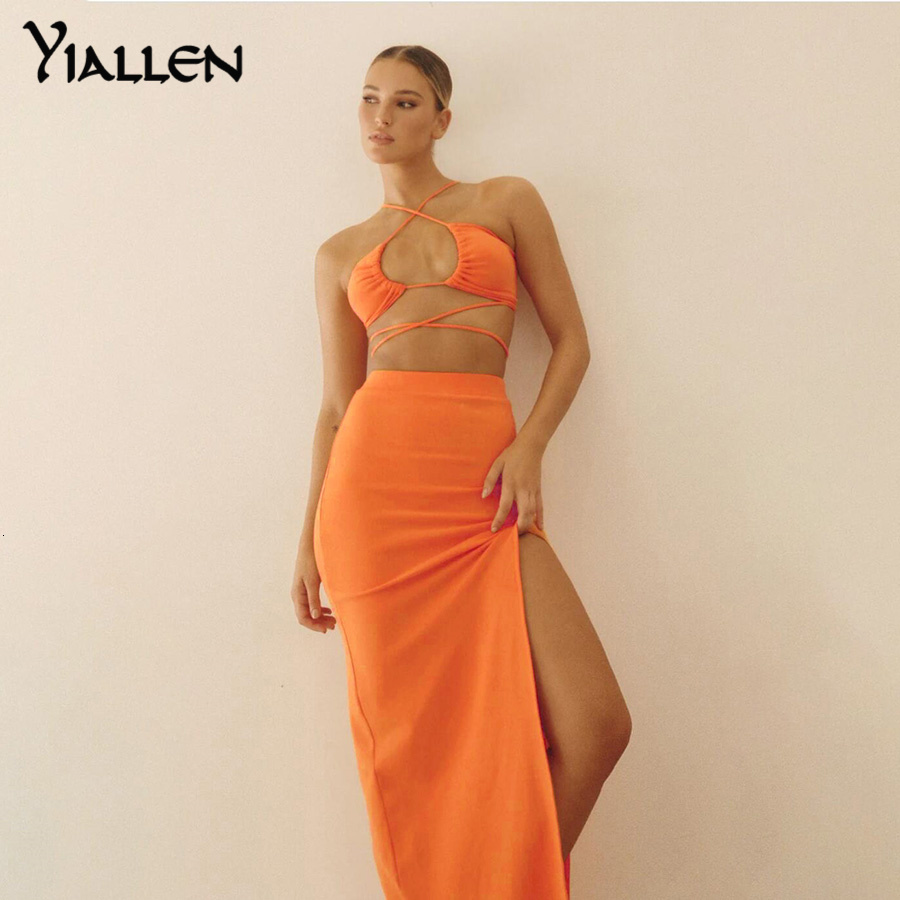Two Piece Dress Yiallen Summer Camisole Two Piece Skirt Set Fashion Casual Party Vacation Beach Solid Rib Knit Long Skirt Set 230130