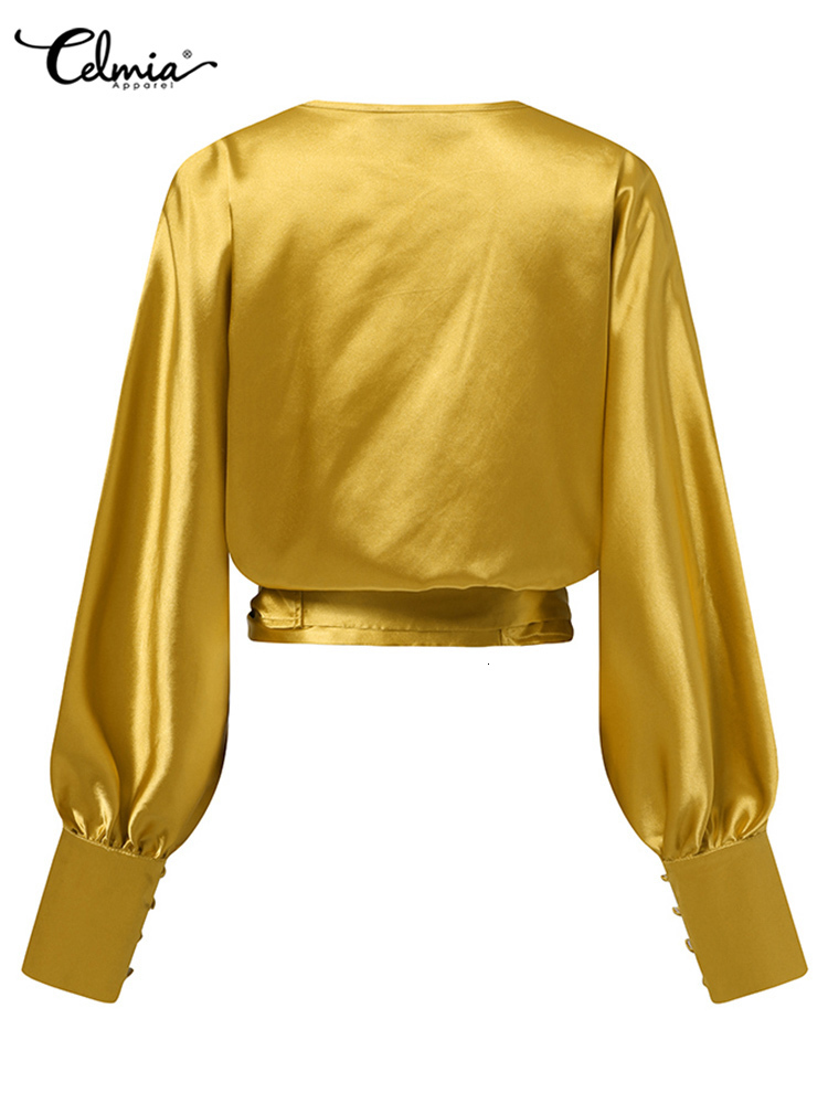 Women's Blouses Shirts Celmia Women Satin Blouses Fashion Elegant Long Bat Sleeve Shirts Summer Cross V Neck Bandage Waisted Haut Style Wrap Tops
