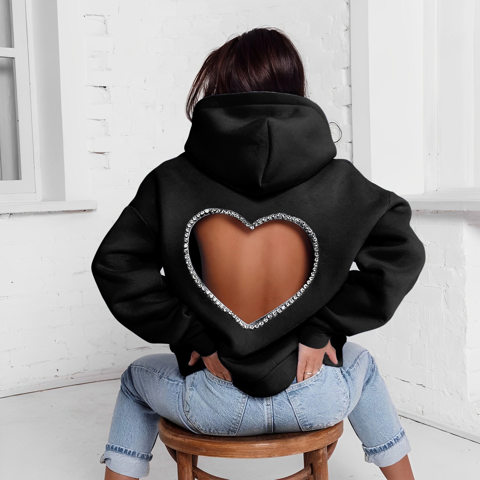 Women's Jackets Hoodies Women Fashion Diamonds Splicing Sweet Love Cutout Open Back Long Sleeve Thick Warm Oversized Pullover Hooded Sweatshirt 2