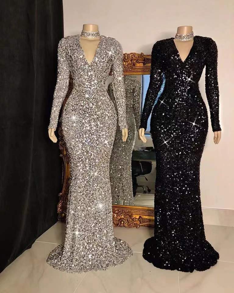 Casual Dresses Partysix Women Gray V Neck Long Sleeve Sequin Elegant Evening Party Maxi Ladies Traig 230131