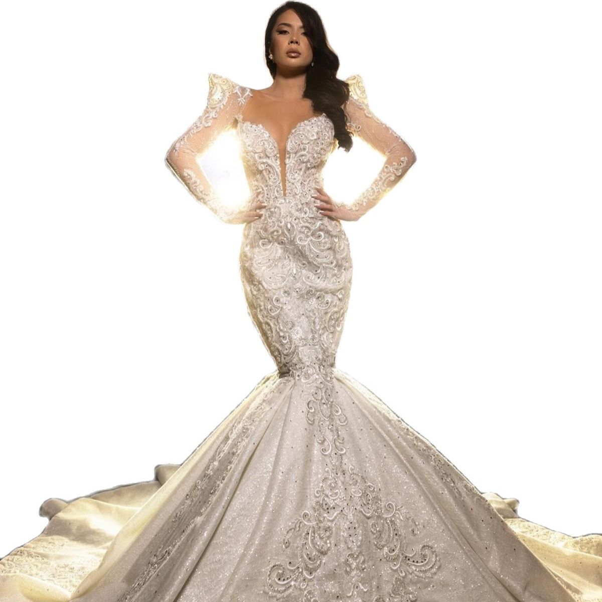 Elegant V Neck Mermaid Wedding Dresses Vintage Lace Beading Bridal Gowns Custom Made Full Sleeve Dress Vestido De Novia