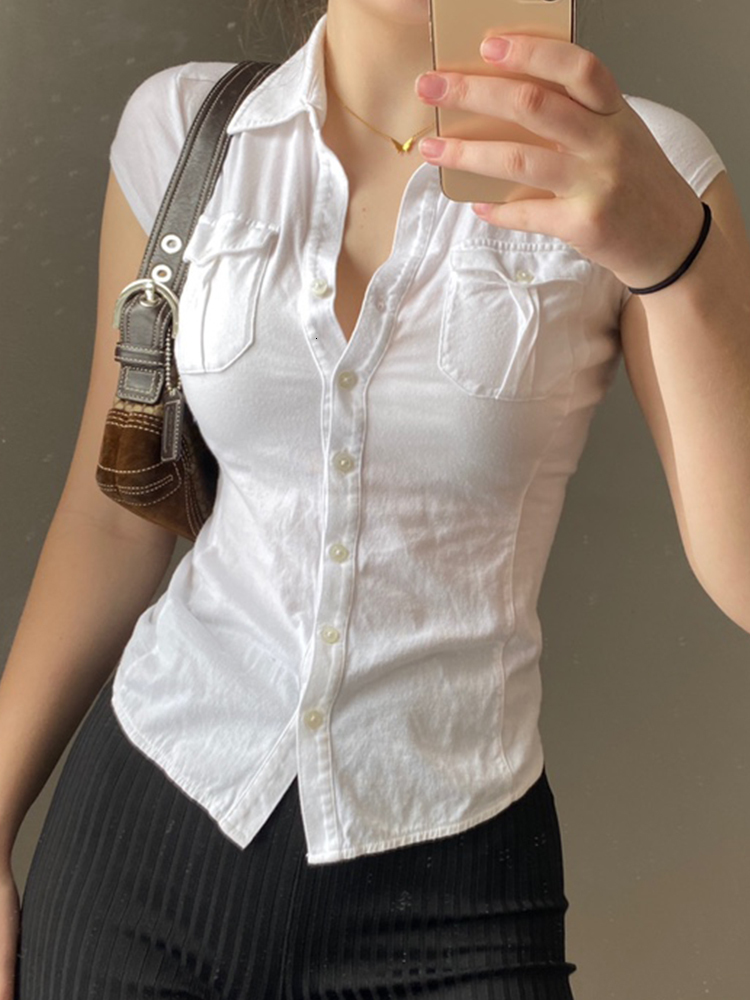 Women's TShirt Rapcopter Button Pockets Crop Top y2k Turn Down Collar Harajuku Tee Casual Basic Retro T Shirt Cardigan Korean 230130