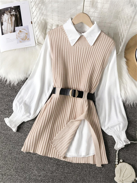 Women's Two Piece Pants Spring Autumn Lantern Sleeve Shirt Knitted Vest Sets of College Style Waistband Top UK900 230131