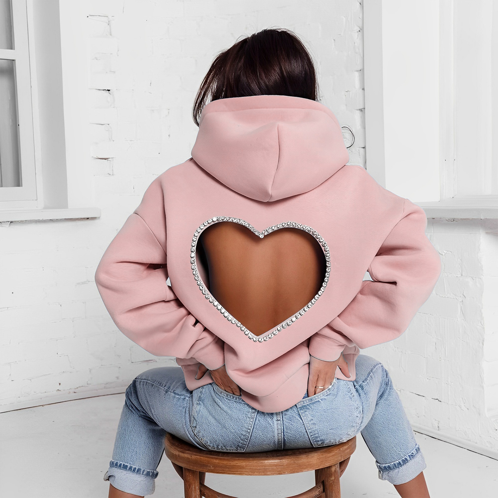 Women's Jackets Hoodies Women Fashion Diamonds Splicing Sweet Love Cutout Open Back Long Sleeve Thick Warm Oversized Pullover Hooded Sweatshirt 2