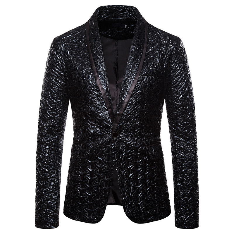Men's Suits Blazers Mens Black Jacquard Bronzing Suit Jacket Blazer Shawl Collar One Button Blazers Men Party Wedding Stage Singer Costume Homme 
