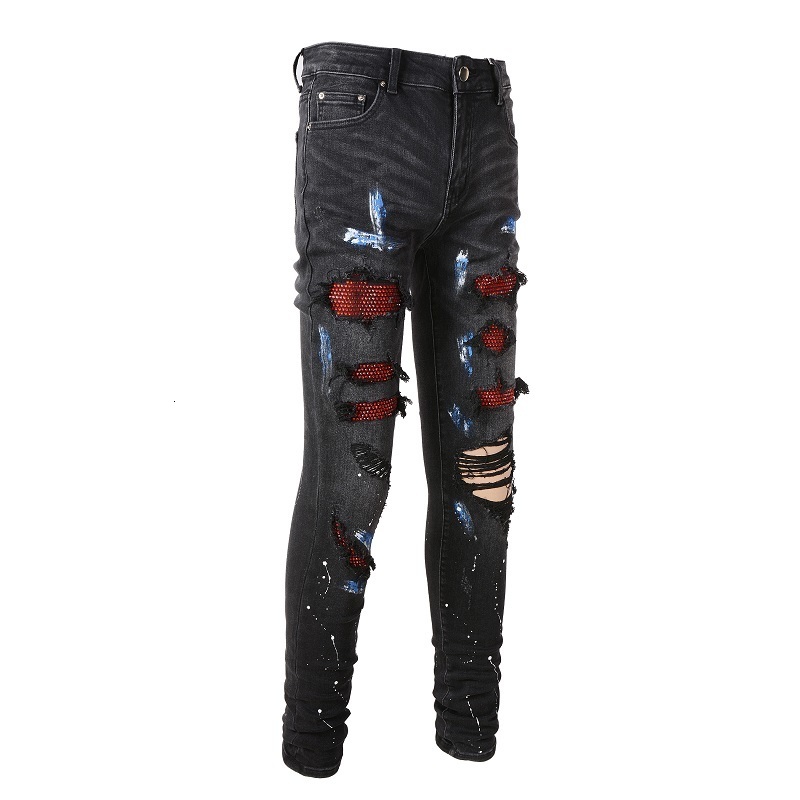 Men's Jeans Arrival Black Distressed Streetwear Damage Holes Skinny Stretch Destroyed Ribs Patches Painted Ripped 230131