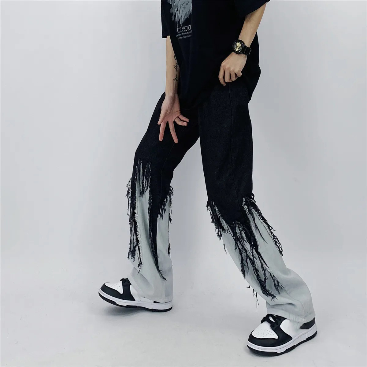 Men's Pants Men Jeans High Street Hip Hop Contrast Color Tassel Loose Fashion Japanese Streetwear Hippie Casual Darkwear Patchwork 230131
