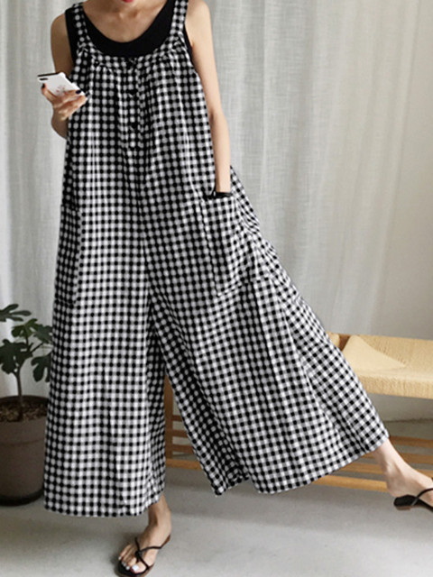 Women's Jumpsuits Rompers Celmia Summer Fashion Women Vintage Plaid Long Jumpsuits Wide Leg Pants Sleeveless Casual Loose Playsuits Bohemian Over
