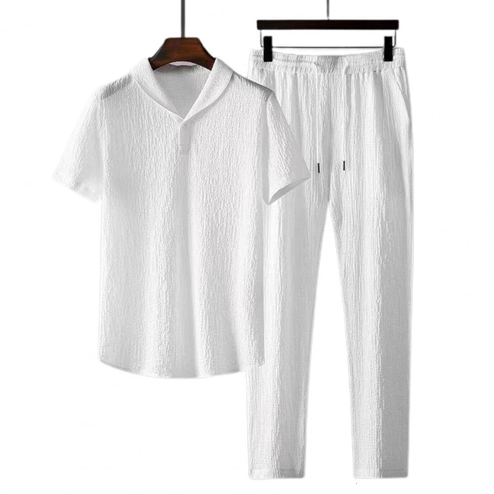 Men's Tracksuits 2PcsSet Summer Suit Elastic Waistband Pleated Casual Outfit Men Business Short Sleeve Shirts Long Pants Set Male Clothing 230130