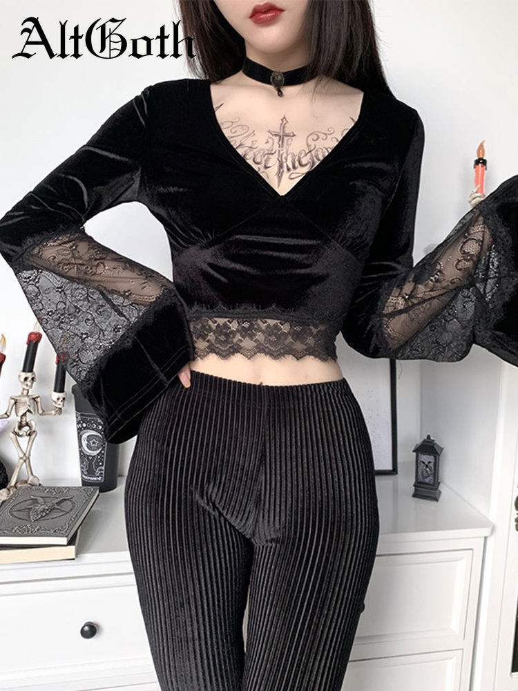 Women's TShirt AltGoth Dark Goth Long Sleeve Tshirt Women Sexy Lace Patchwork Flare Vneck Short Tee Tops Streetwear Black Bottom 230130
