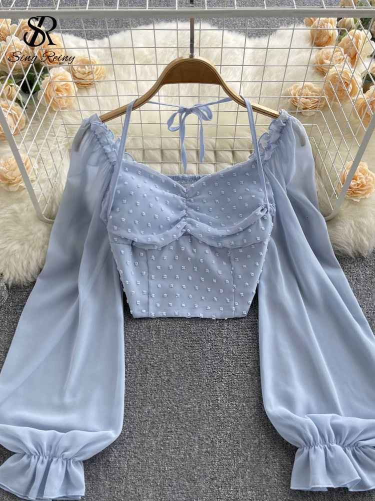 Women's Blouses Shirts SINGREINY Polka Dot Folds Short Blouse Summer Slash Neck Long Sleeve Women Tie Halter Elastic Waist Fashion French Beach T