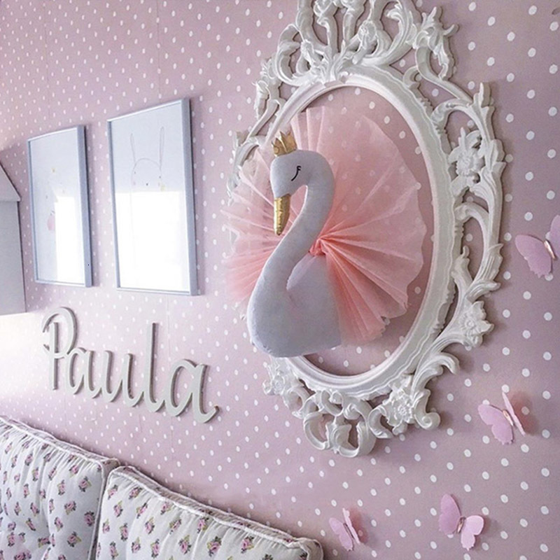 Wall Decor Baby Room Nursery Decor Stuffed Animal Head Wall Mount Hangings Swan Toys Dolls Girls Kids Bedroom Wall Decoration Accessories 230131