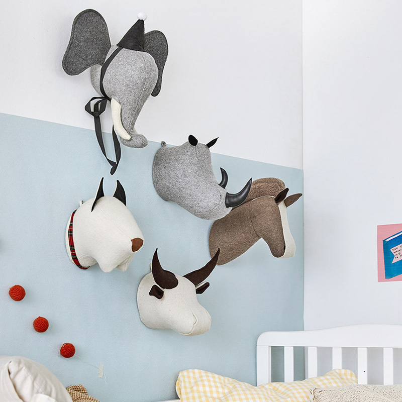 Wall Decor 3D Animal Wall Hanging Decorative Felt Heads Mount Decoration Stuffed Elephant Horse Toys Boys for Kids Room Home Decor 230131