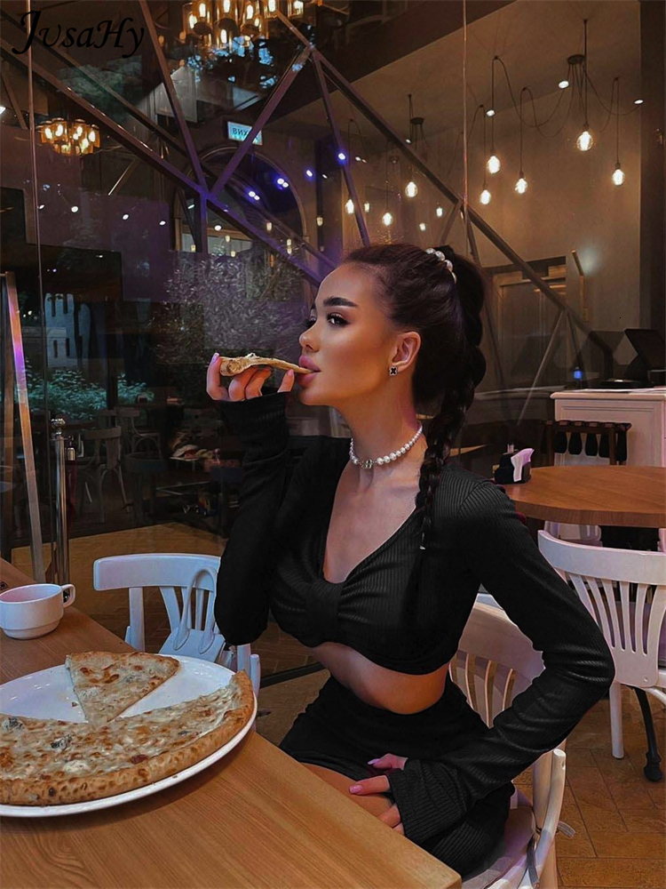 Two Piece Dress JuSaHy Elegant Solid Black Women's Two Pieces Sets Long Sleeves Crop Top High Waist Side Slit Skirts Matching Streetwear 230130
