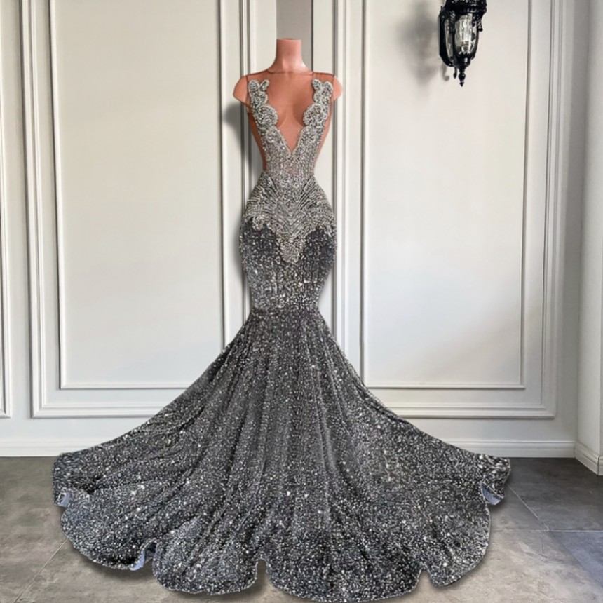 Sexy Long Sparkly Prom Dresses 2024 Sheer O-neck Luxury Silver Crystals Diamond Sequin Mermaid Black Girl Evening Party Gowns Robe De Soiree
