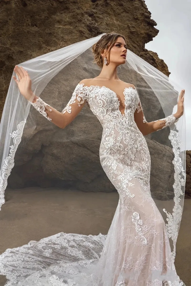 Luxury Boho Lace Mermaid Wedding Dresses Long Sleeves Applique Beach Chaple Train Bride Gowns Sexy Illusion Bridal Dress Vestido De Novia