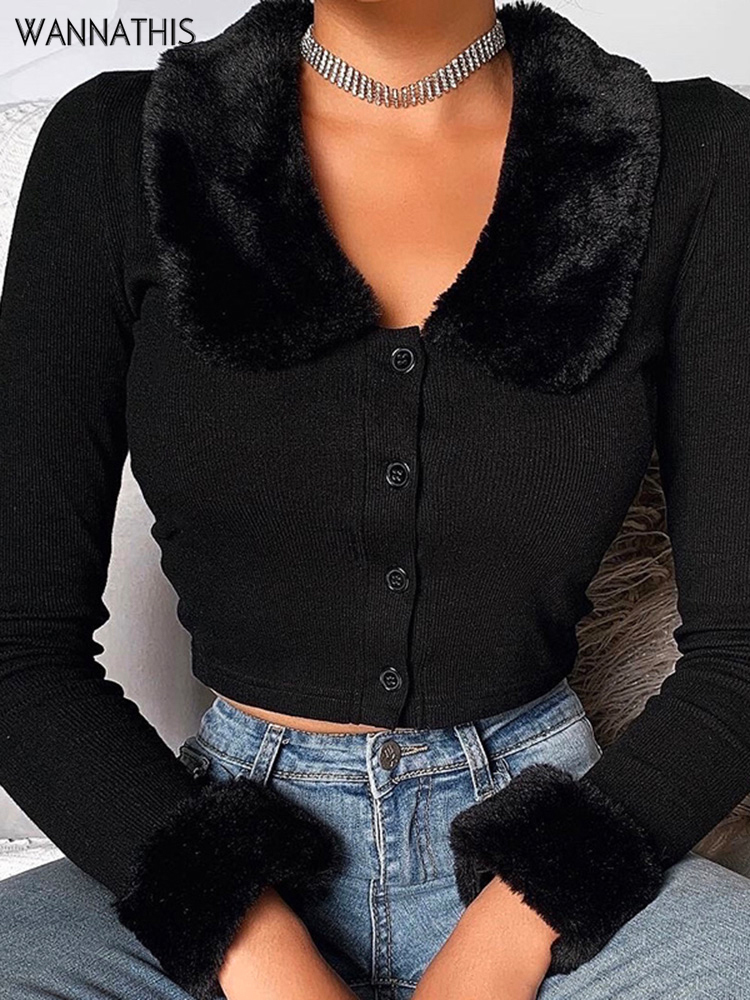 Women's TShirt WannaThis Black Long Sleeve Fluffy Turndown Collar Button Autumn Shirt Warm Cropped Top Slim Elastic Casual Tops 230130