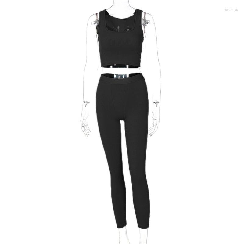 Women's Two Piece Pants Streetwear Casual Women Tracksuit Tights Sportswear Fitness Suit Female Clothing Workout Set Crop Top Bodycon