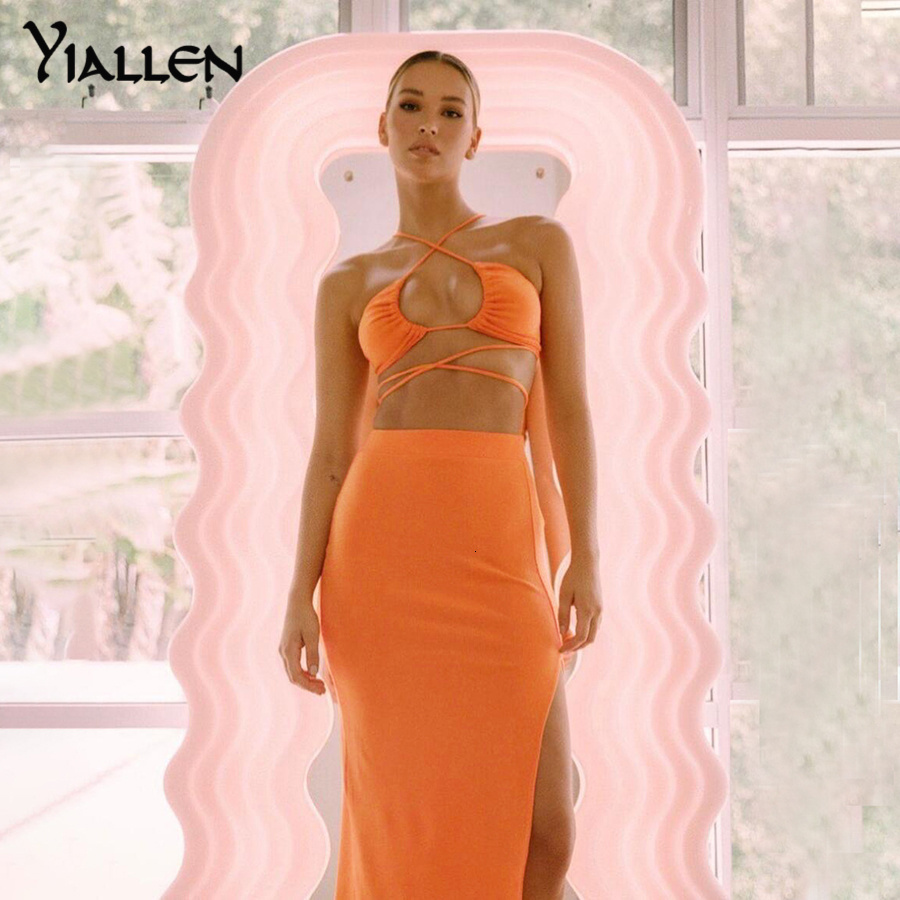 Two Piece Dress Yiallen Summer Camisole Two Piece Skirt Set Fashion Casual Party Vacation Beach Solid Rib Knit Long Skirt Set 230130