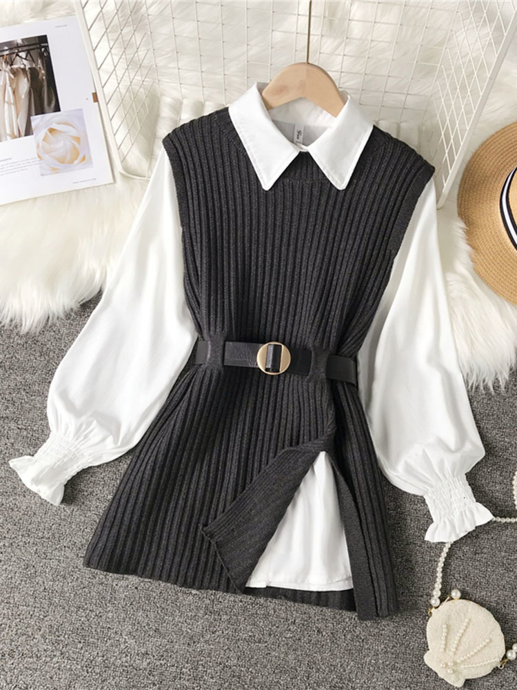 Women's Two Piece Pants Spring Autumn Lantern Sleeve Shirt Knitted Vest Sets of College Style Waistband Top UK900 230131