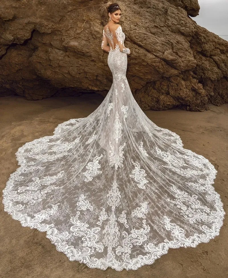 Luxury Boho Lace Mermaid Wedding Dresses Long Sleeves Applique Beach Chaple Train Bride Gowns Sexy Illusion Bridal Dress Vestido De Novia