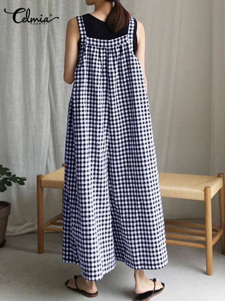 Women's Jumpsuits Rompers Celmia Summer Fashion Women Vintage Plaid Long Jumpsuits Wide Leg Pants Sleeveless Casual Loose Playsuits Bohemian Over