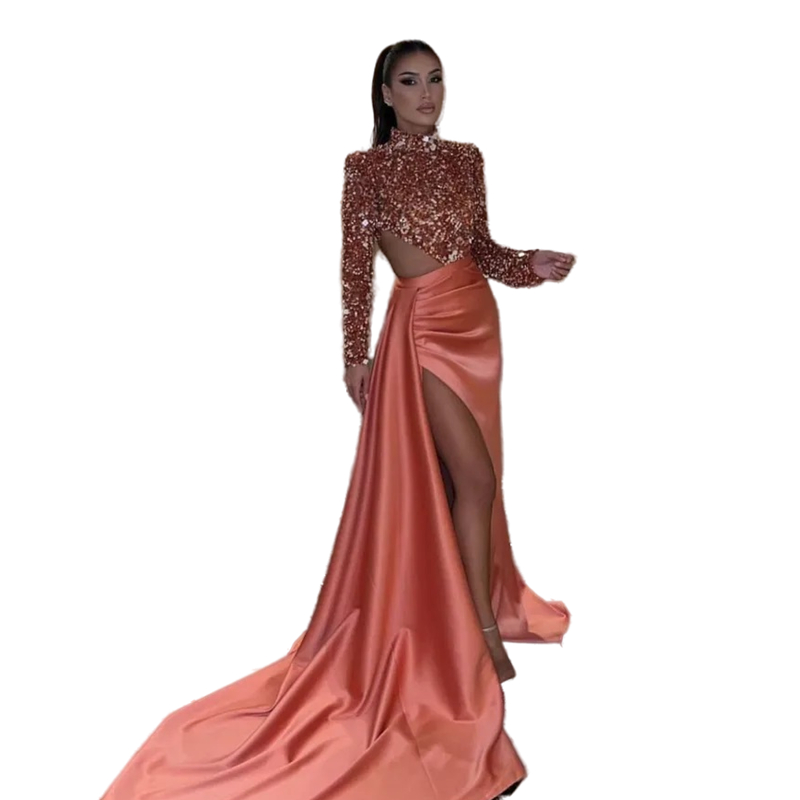 Sexy High Slit Sheath Prom Dresses Sequined High Neck Shiny Satin Evening Gowns Cut-Out Side Long Sleeves Special Occasion Dress For Women Girls