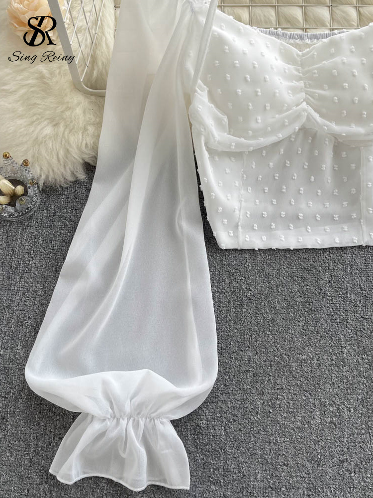 Women's Blouses Shirts SINGREINY Polka Dot Folds Short Blouse Summer Slash Neck Long Sleeve Women Tie Halter Elastic Waist Fashion French Beach T