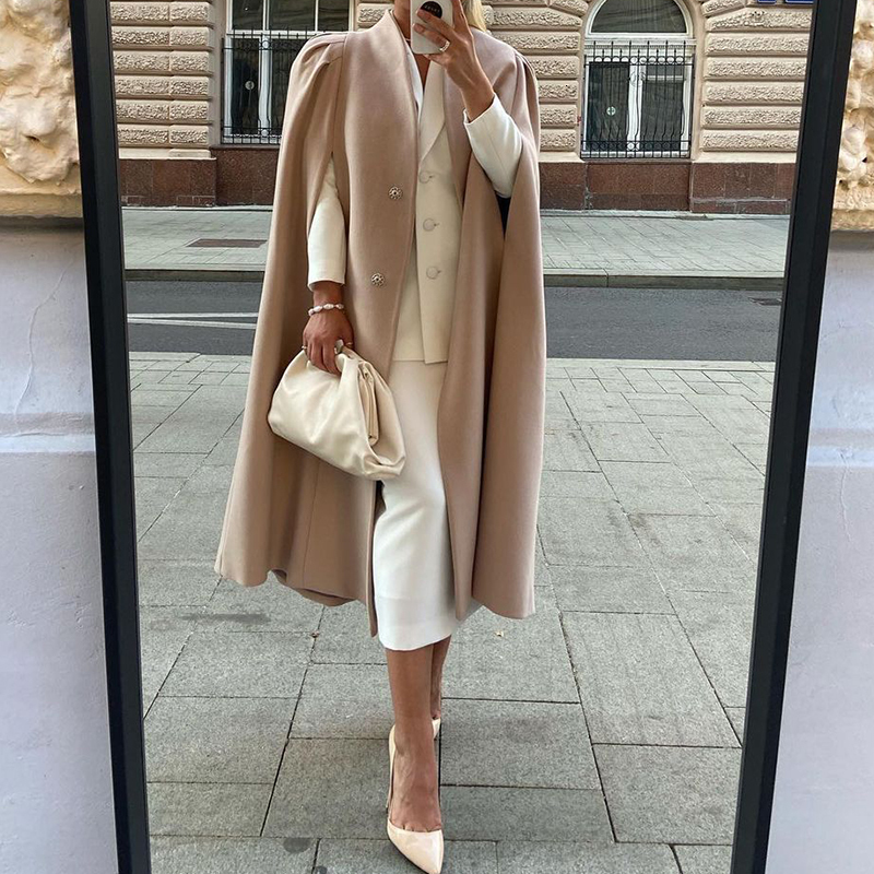 Women's Wool Blends Fashion Autumn Long Silhouette Overcoat Elegant Solid Party Women Cloak Outerwear French Celebrity Temperament Shawl Coats 23