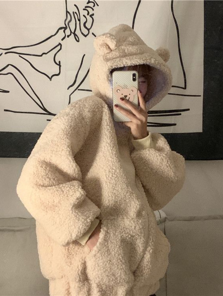 Women's Jackets Deeptown Sweet Kawaii Bear Zip Up Hoodies Women Japanese Harajuku Cute Ear School Student Hooded Sweatshirt Autumn 230131